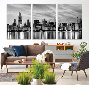 Chicago City Cloudy Skyline Black and White Wall Art