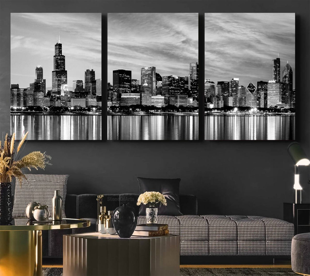 Chicago City Cloudy Skyline Black and White Wall Art