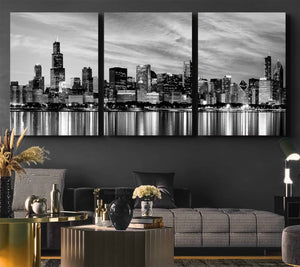 Chicago City Cloudy Skyline Black and White Wall Art