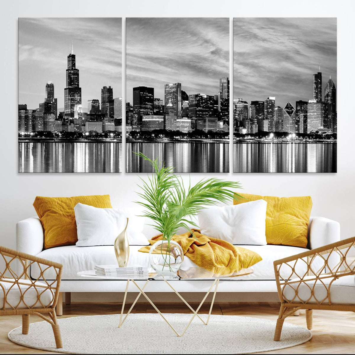 Chicago City Cloudy Skyline Black and White Wall Art