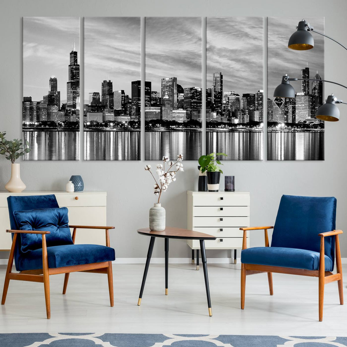 Chicago City Cloudy Skyline Black and White Wall Art