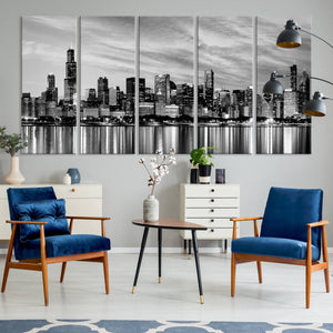 Chicago City Cloudy Skyline Black and White Wall Art