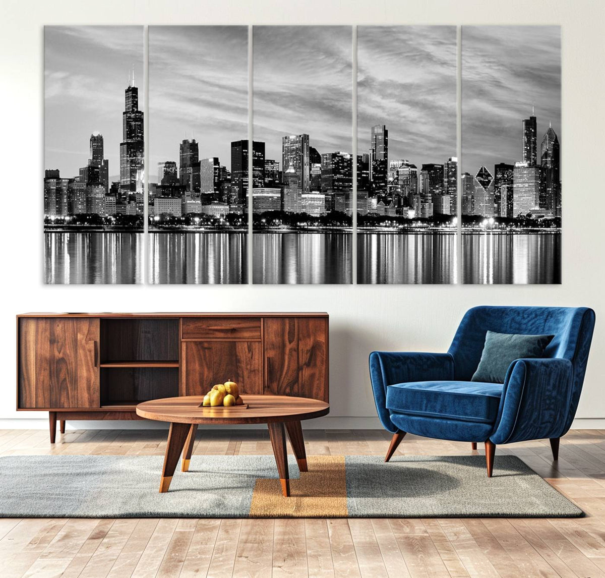Chicago City Cloudy Skyline Black and White Wall Art