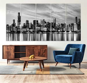 Chicago City Cloudy Skyline Black and White Wall Art