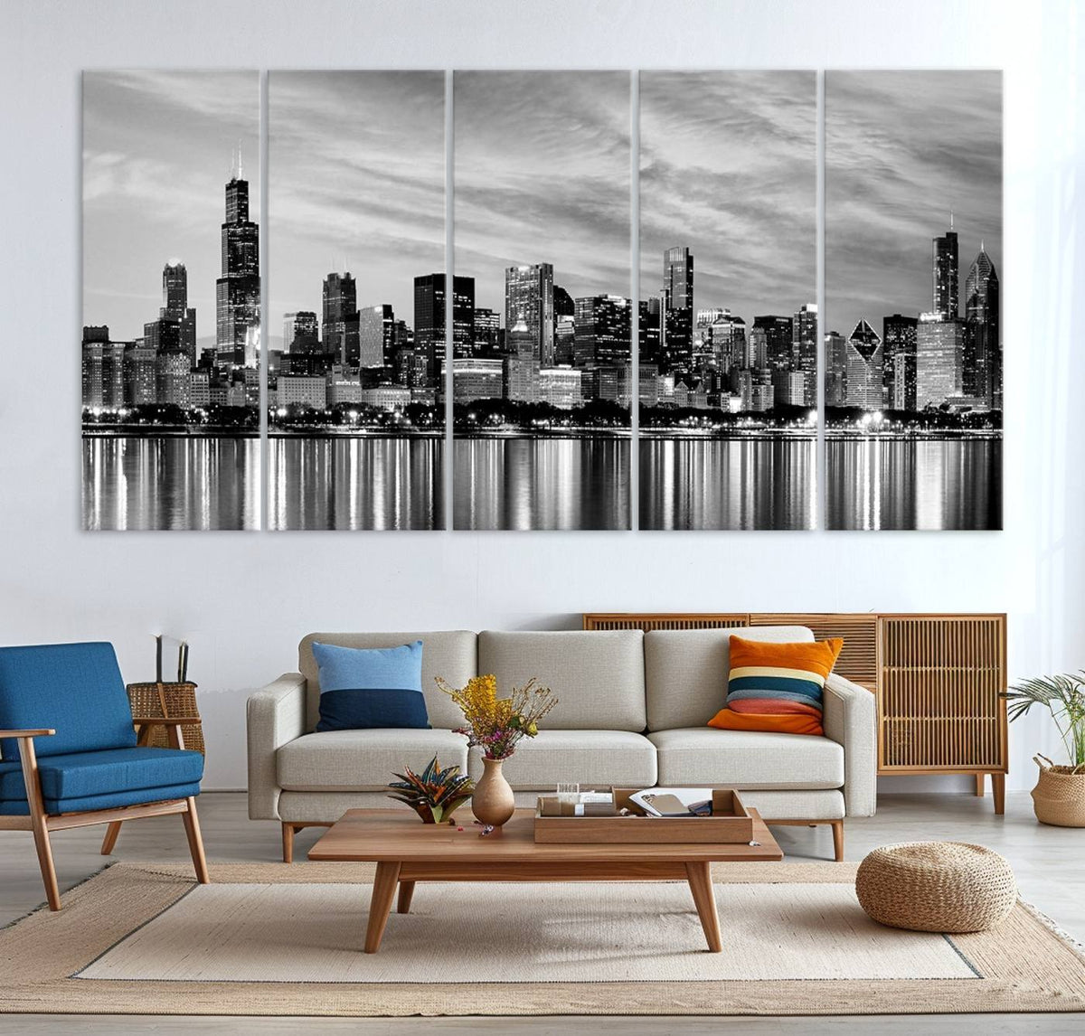 Chicago City Cloudy Skyline Black and White Wall Art