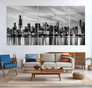 Chicago City Cloudy Skyline Black and White Wall Art