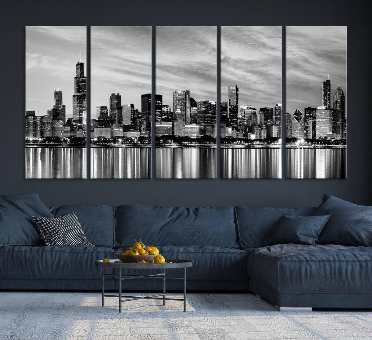 Chicago City Cloudy Skyline Black and White Wall Art