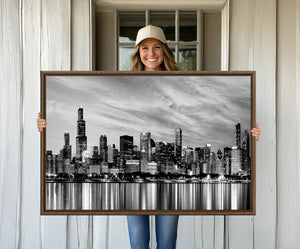 Chicago City Cloudy Skyline Black and White Wall Art