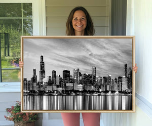 Chicago City Cloudy Skyline Black and White Wall Art