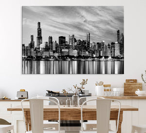 Chicago City Cloudy Skyline Black and White Wall Art