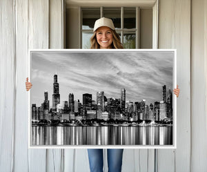 Chicago City Cloudy Skyline Black and White Wall Art