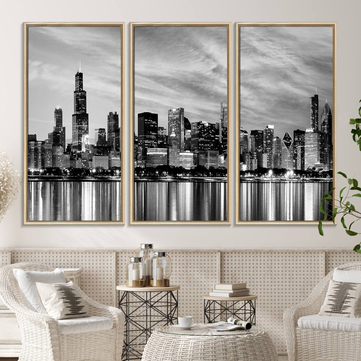 Chicago City Cloudy Skyline Black and White Wall Art