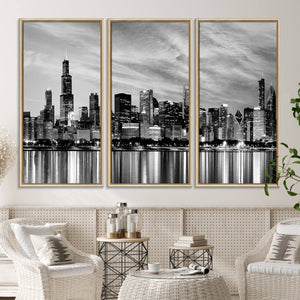 Chicago City Cloudy Skyline Black and White Wall Art