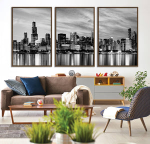 Chicago City Cloudy Skyline Black and White Wall Art