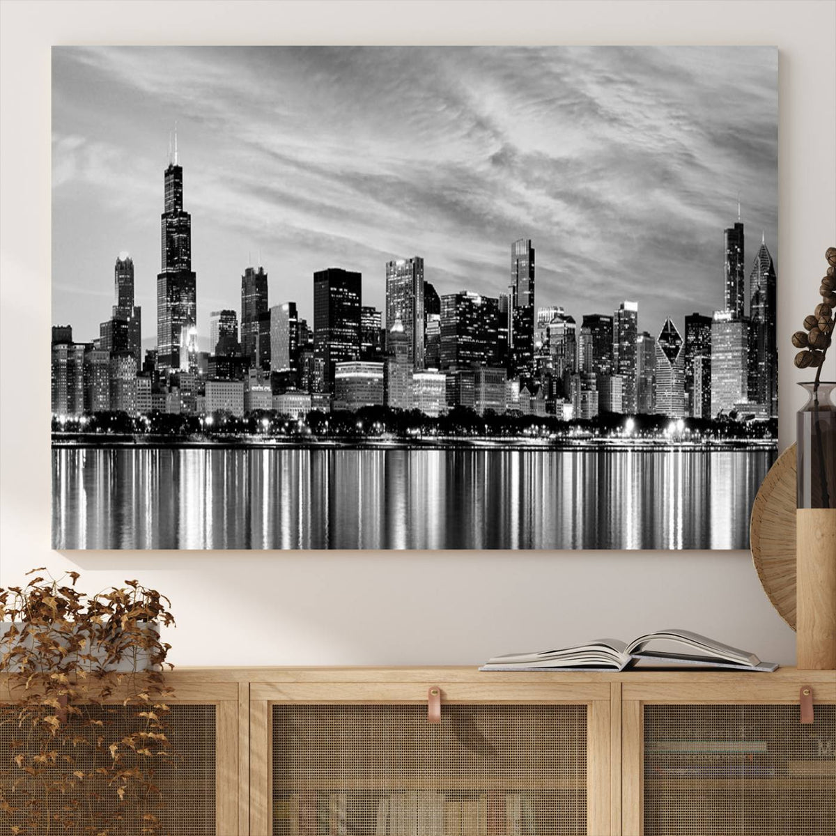 Chicago City Cloudy Skyline Black and White Wall Art