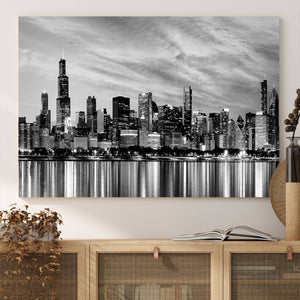 Chicago City Cloudy Skyline Black and White Wall Art