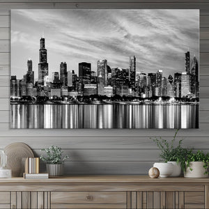 Chicago City Cloudy Skyline Black and White Wall Art
