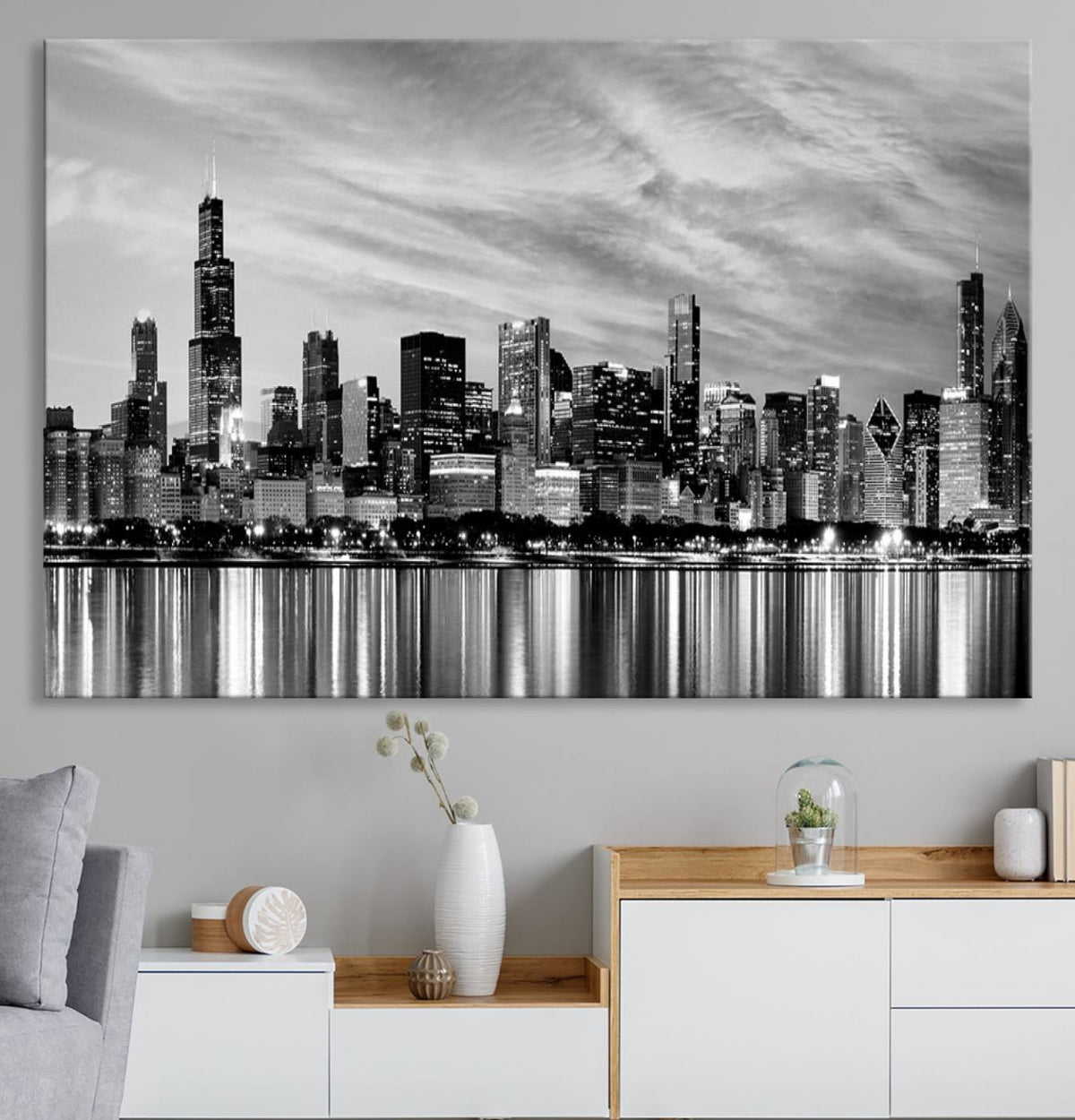 Chicago City Cloudy Skyline Black and White Wall Art
