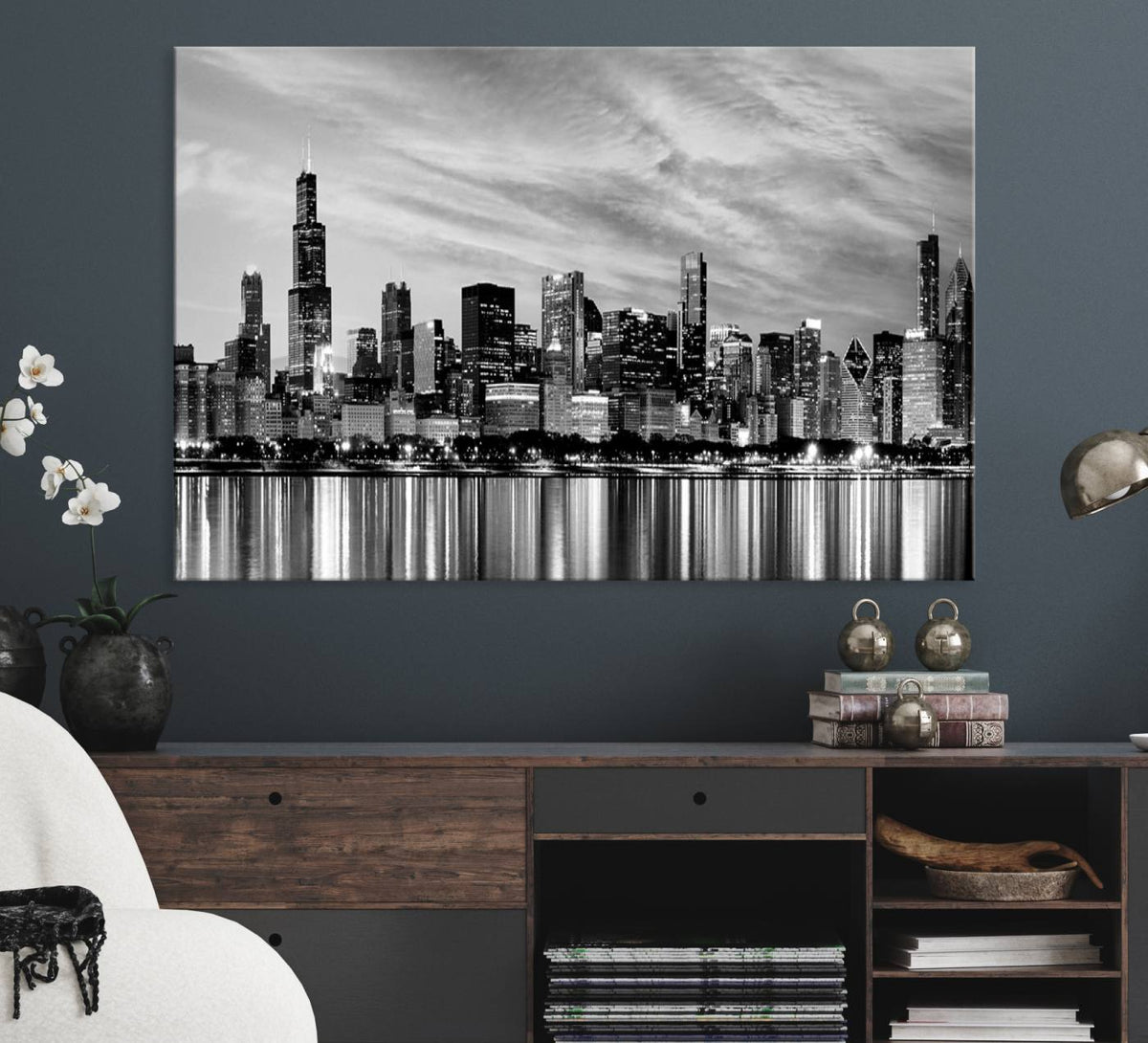 Chicago City Cloudy Skyline Black and White Wall Art