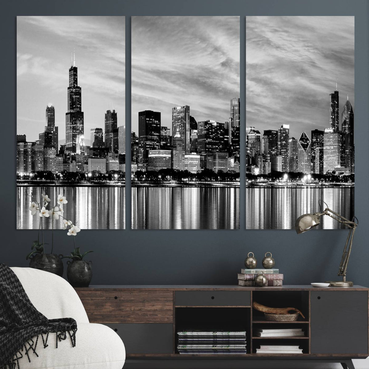 Chicago City Cloudy Skyline Black and White Wall Art