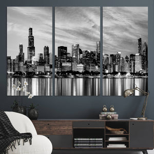 Chicago City Cloudy Skyline Black and White Wall Art