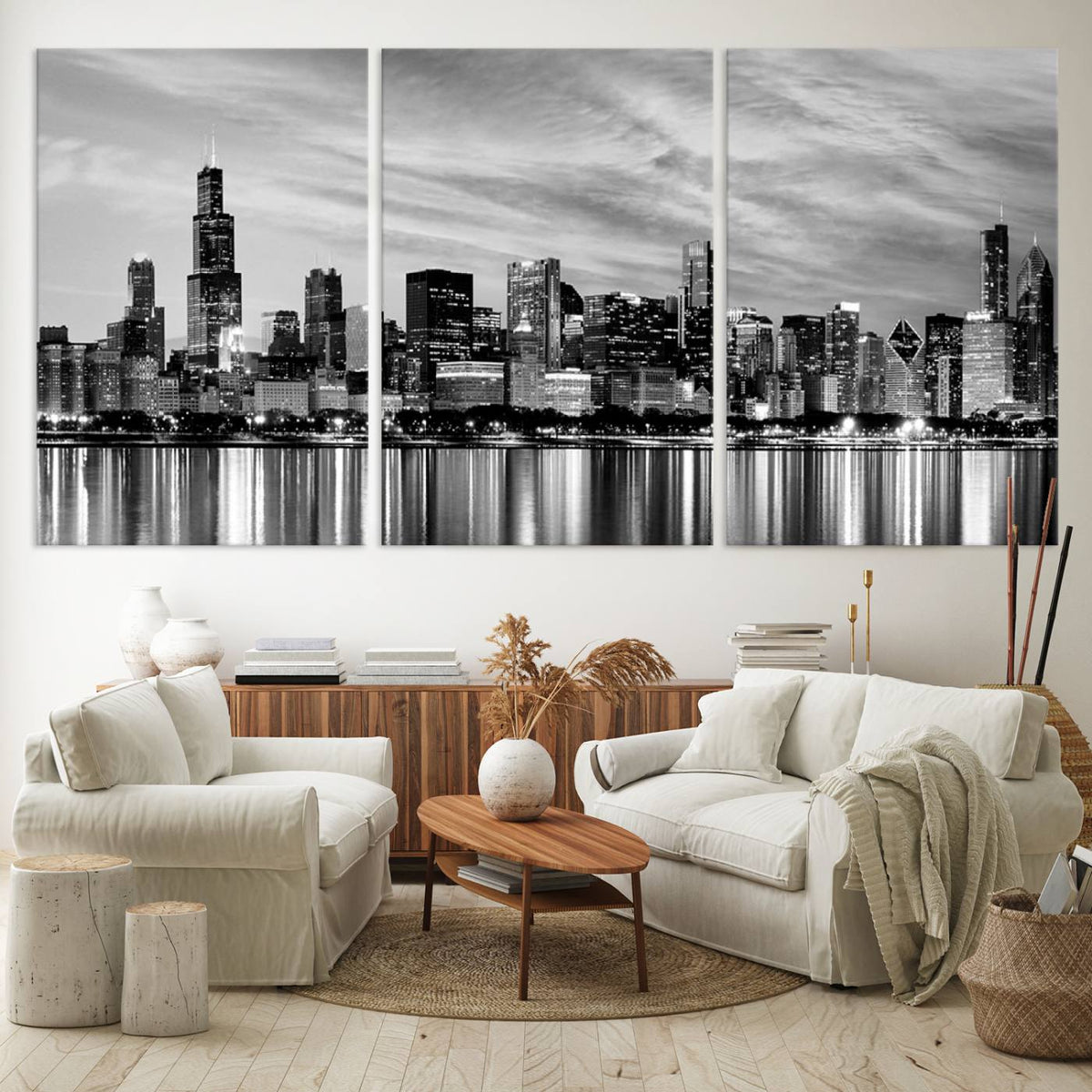 Chicago City Cloudy Skyline Black and White Wall Art