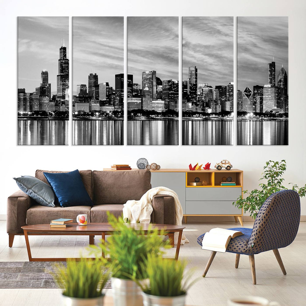 Chicago City Cloudy Skyline Black and White Wall Art