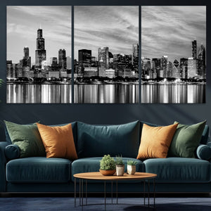 Chicago City Cloudy Skyline Black and White Wall Art