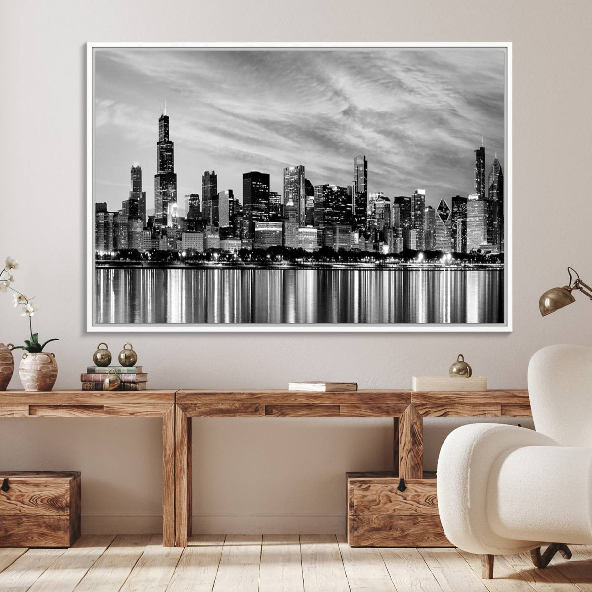 Chicago City Cloudy Skyline Black and White Wall Art