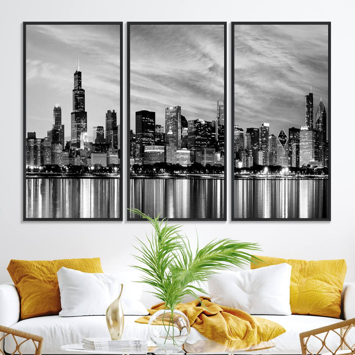 Chicago City Cloudy Skyline Black and White Wall Art