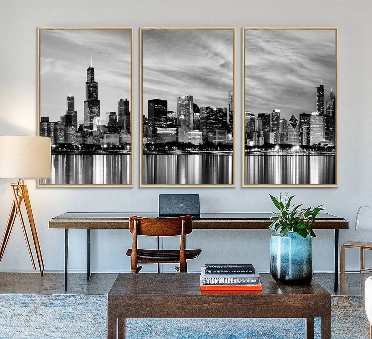 Chicago City Cloudy Skyline Black and White Wall Art
