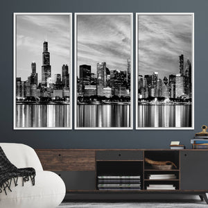 Chicago City Cloudy Skyline Black and White Wall Art