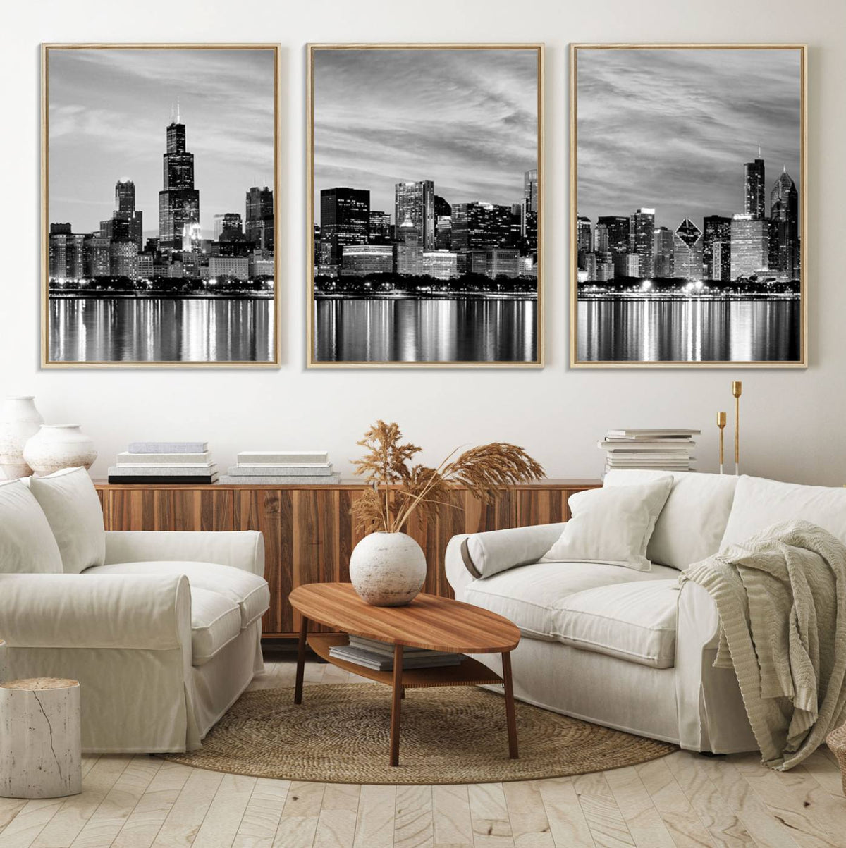 Chicago City Cloudy Skyline Black and White Wall Art