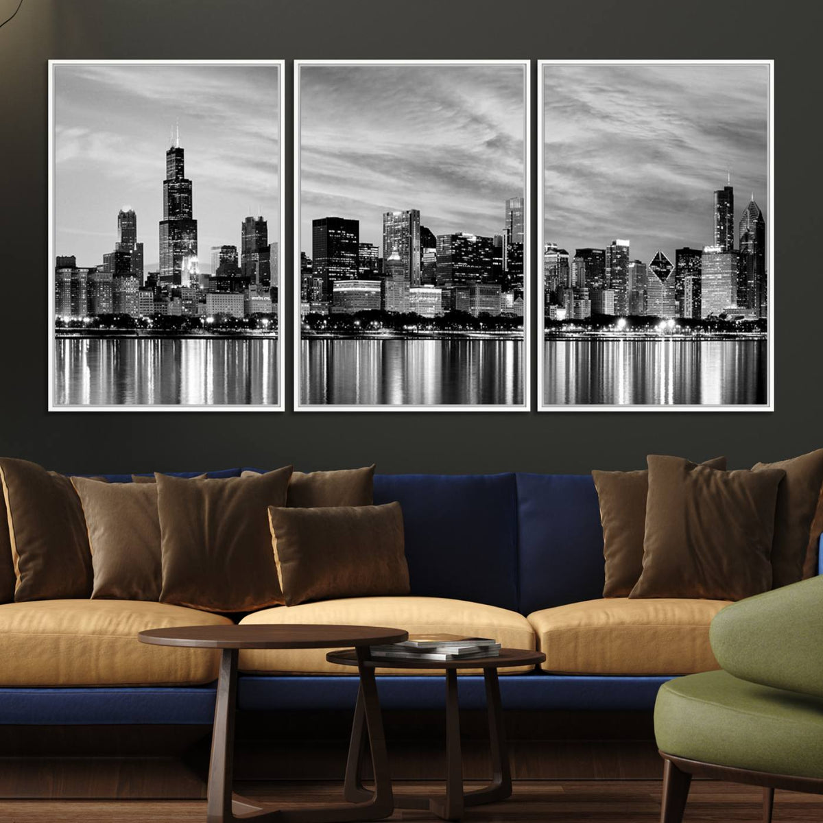 Chicago City Cloudy Skyline Black and White Wall Art