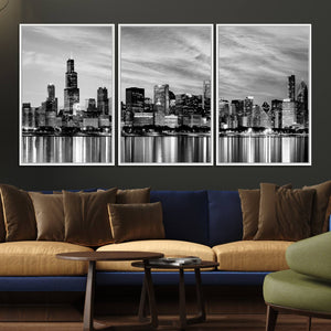 Chicago City Cloudy Skyline Black and White Wall Art