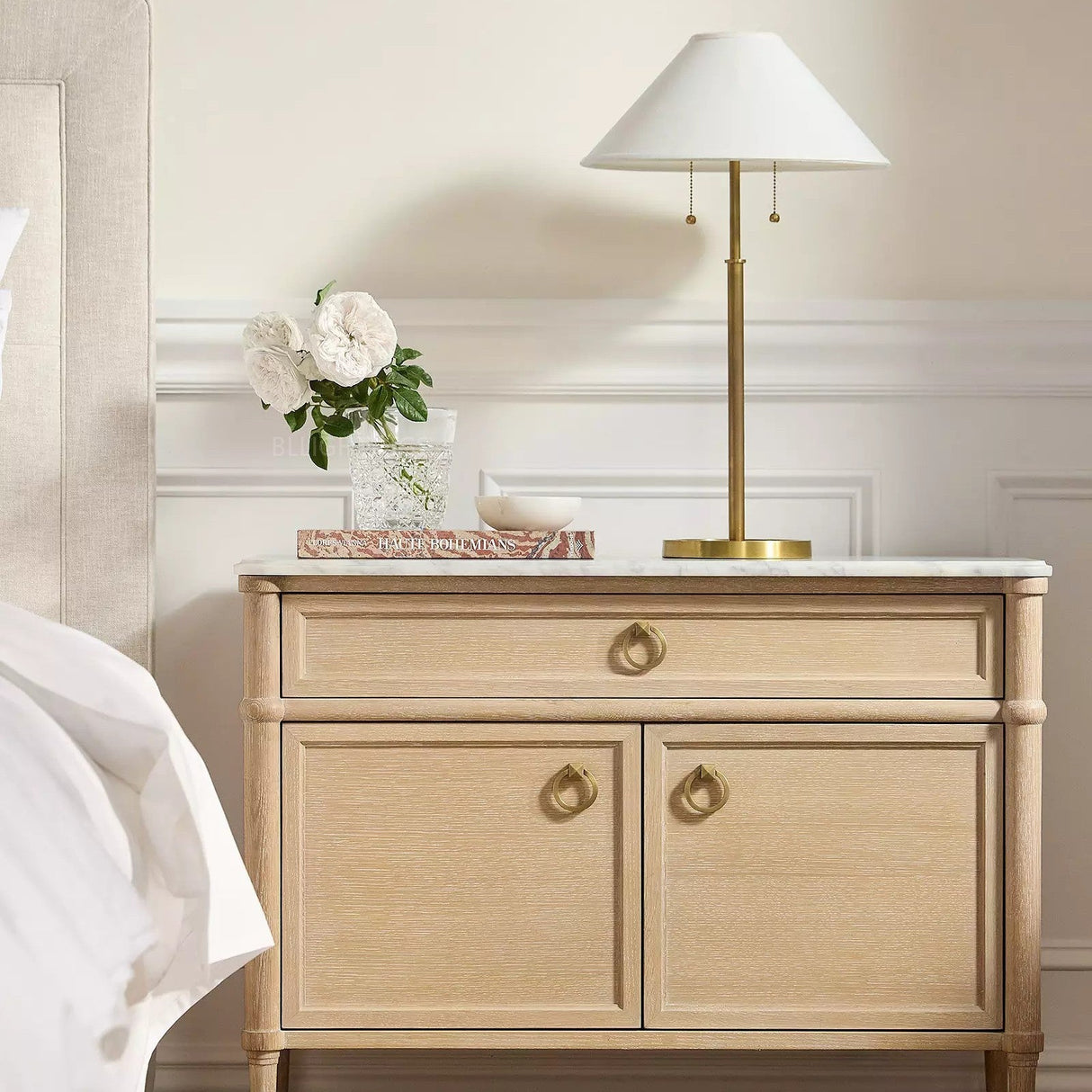 36" Oak Veneer Sideboard with Carrara Marble Top & Brass Pulls