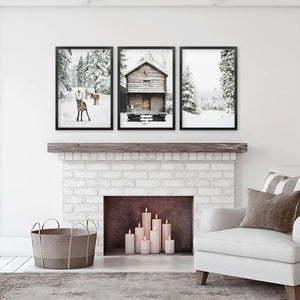 Christmas Theme Wall Art Set. Reindeer, Log Cabin, Forest
