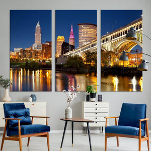 Cleveland City Lights Night Skyline Cityscape View Wall Art