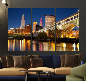 Cleveland City Lights Night Skyline Cityscape View Wall Art