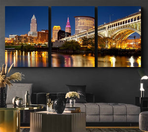 Cleveland City Lights Night Skyline Cityscape View Wall Art