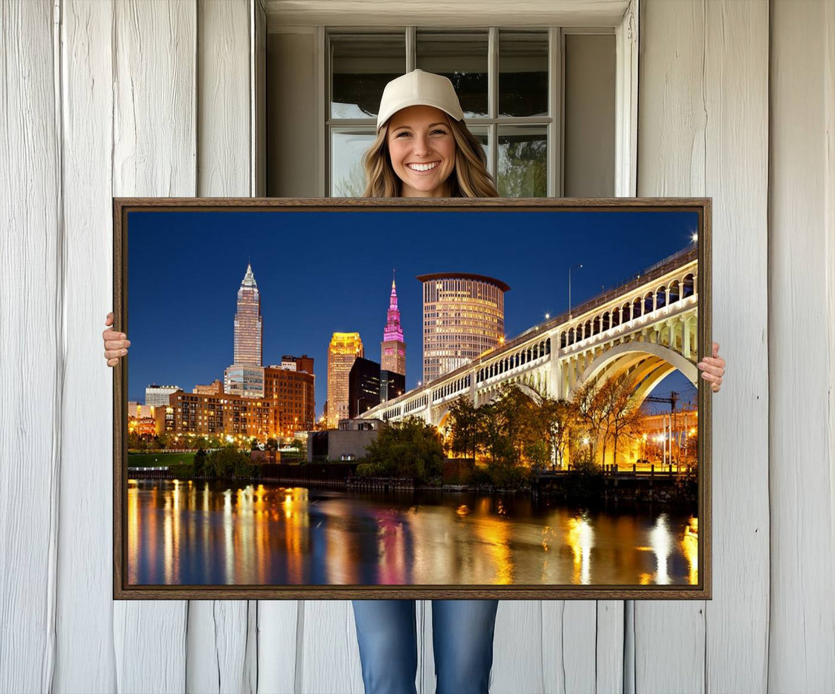 Cleveland City Lights Night Skyline Cityscape View Wall Art