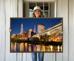 Cleveland City Lights Night Skyline Cityscape View Wall Art