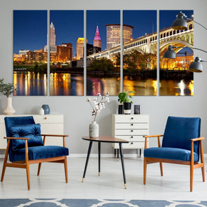 Cleveland City Lights Night Skyline Cityscape View Wall Art