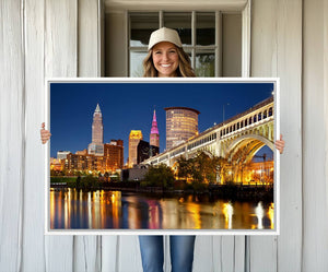 Cleveland City Lights Night Skyline Cityscape View Wall Art