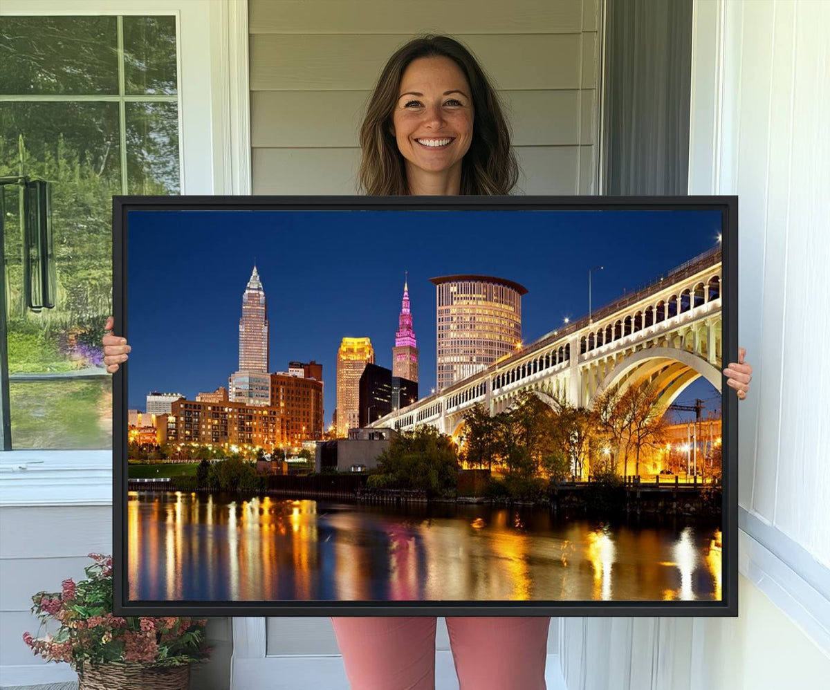 Cleveland City Lights Night Skyline Cityscape View Wall Art