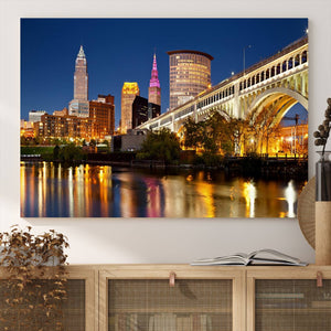 Cleveland City Lights Night Skyline Cityscape View Wall Art