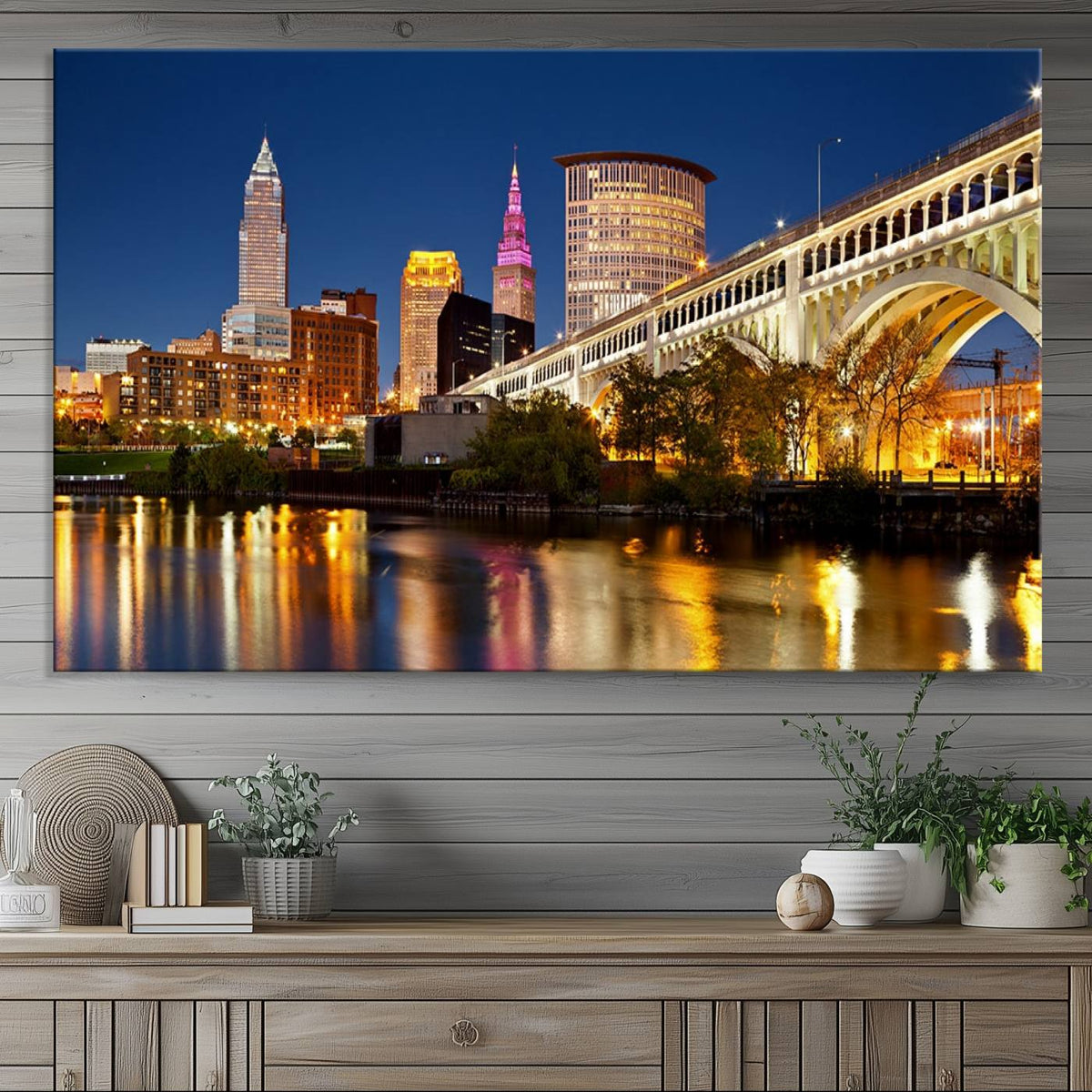 Cleveland City Lights Night Skyline Cityscape View Wall Art