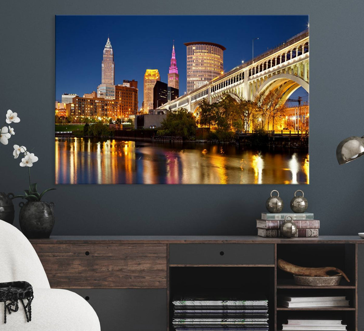 Cleveland City Lights Night Skyline Cityscape View Wall Art