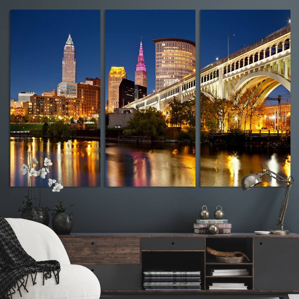Cleveland City Lights Night Skyline Cityscape View Wall Art