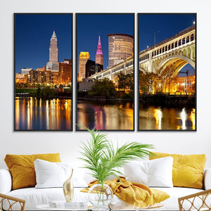 Cleveland City Lights Night Skyline Cityscape View Wall Art